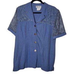 Vintage Leslie Belle Women Blue Short Sleeve Button Shirt Size 16 Grannycore Vtg